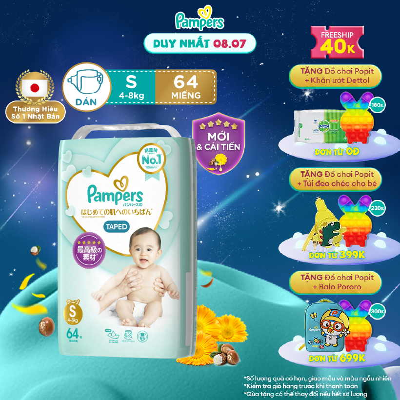 [7.7-9.7 MUA LÀ CÓ QUÀ] Tã/ Bỉm Dán PAMPERS Nhật Thượng Hạng Size S (64 miếng 4-8kg) Siêu Mềm Mịn & Thoáng Khí