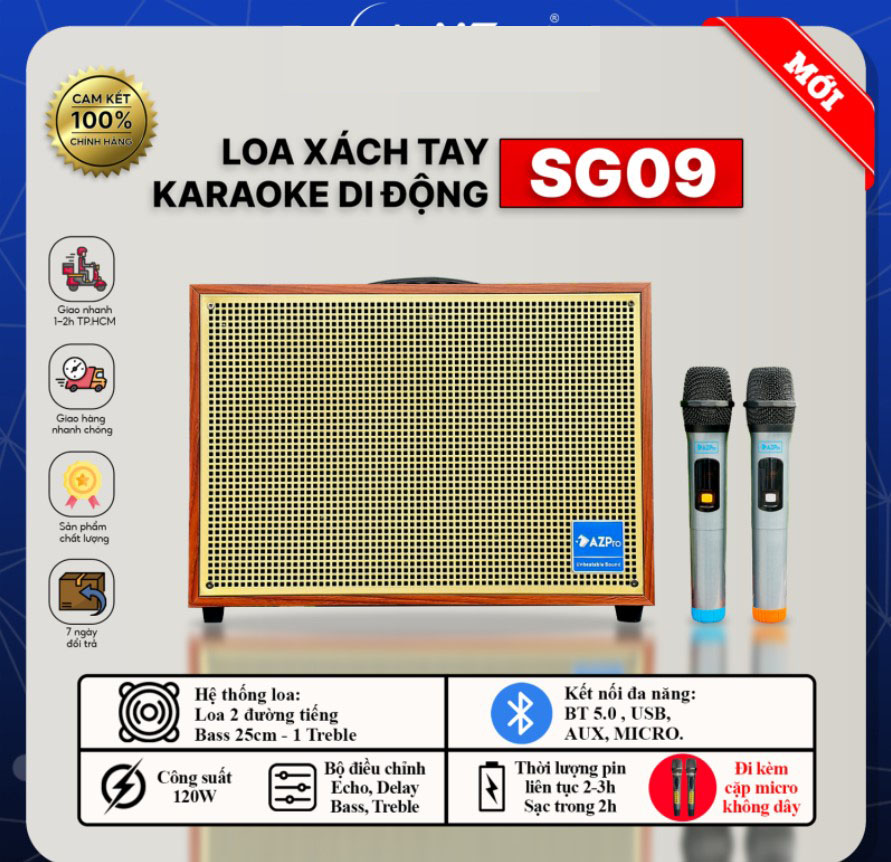 Loa Kéo Xách Tay Hàng Mỹ Siêu Trầm Loa Kéo Karaoke Di Động Azpro SG09 Loa 2 Đường Tiếng Bass 25cm Công Suất Cực Khủng Bluetooth 5.0 ÂM BASS SÂU LẮNG Tích Hợp Chỉnh Bass Treble Echo Reverb