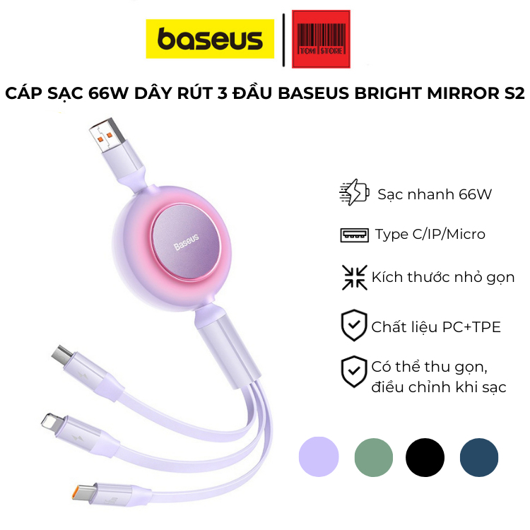 Cáp dây rút, sạc nhanh 3 đầu Baseus Bright Mirror 3 in 1 Retractable 66W