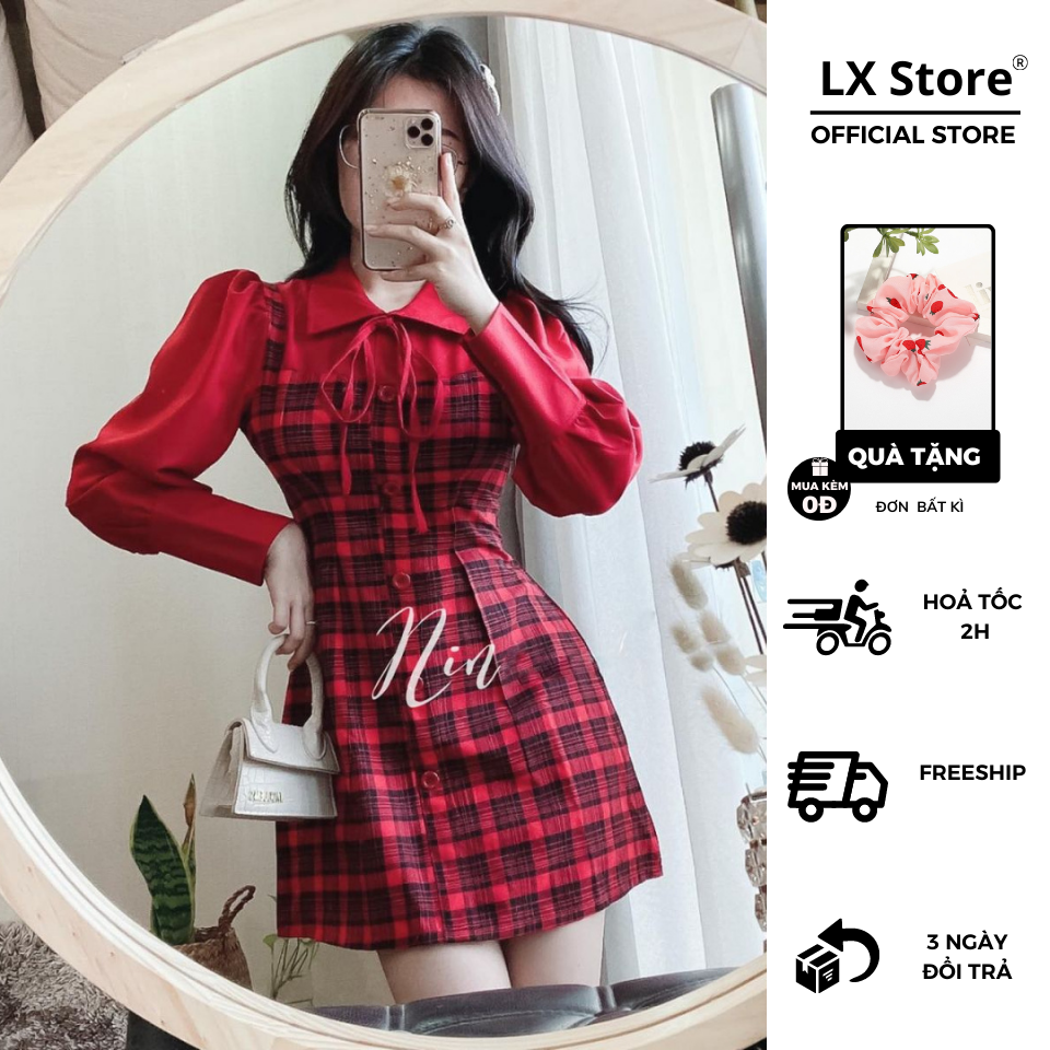 Set quần + đầm sơ mi phối màu caro