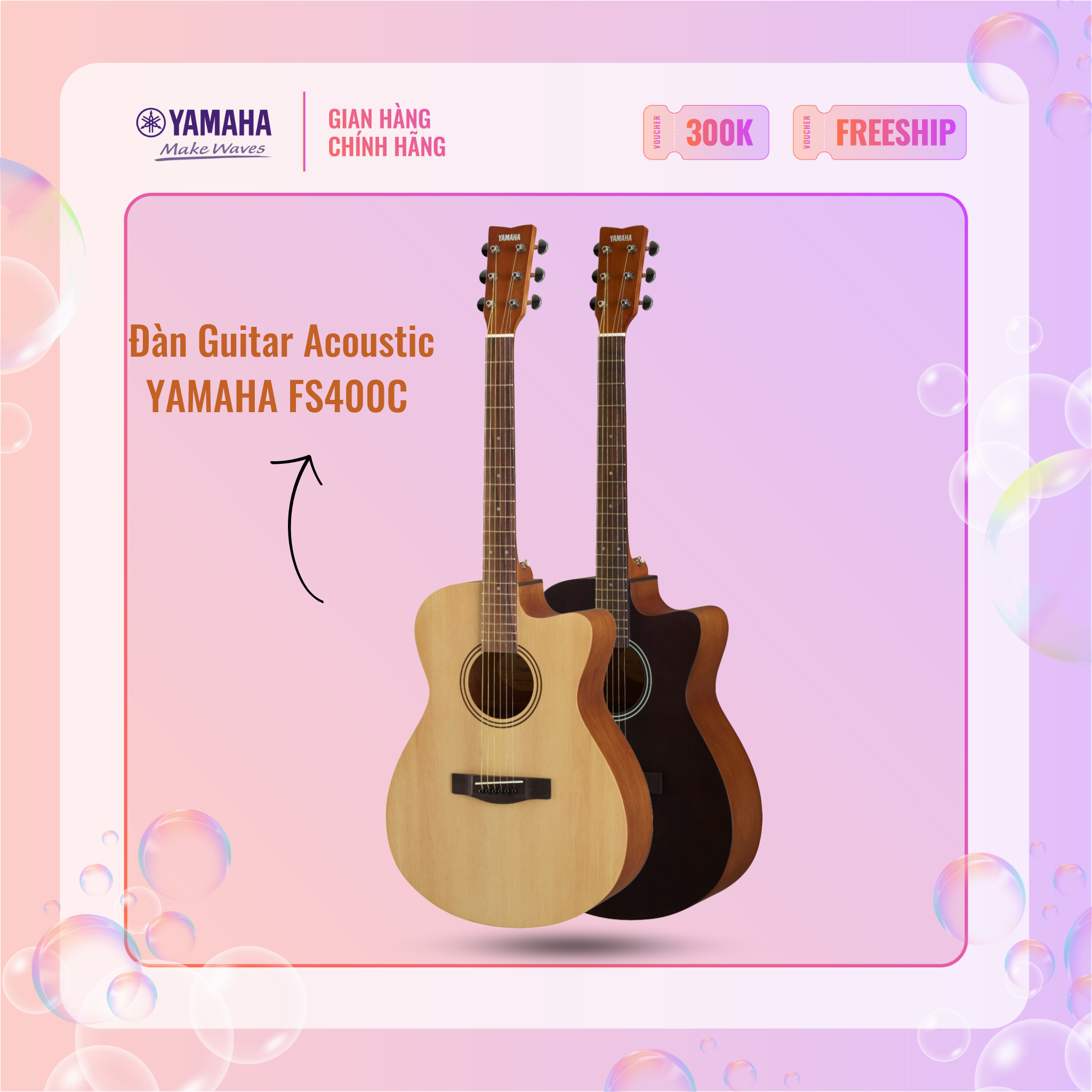 Đàn Guitar Acoustic Yamaha FS400C - Thiết kế cutaway, nhỏ gọn, phù hợp cho người mới, phù hợp cho người mới bắt đầu chơi đàn, bảo hành chính hãng 12 tháng