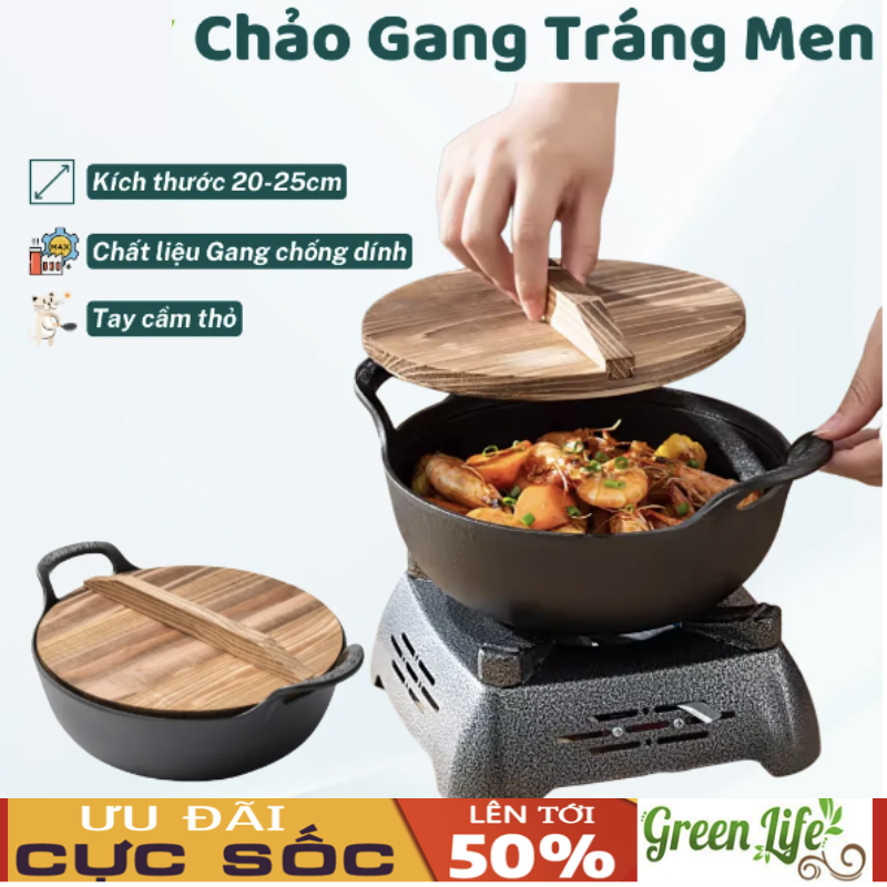 Chảo gang sâu lòng có lớp chống dính tự nhiên,chảo chống dính cao cấp,chảo gang tráng men.nồi gang kèm nắp gỗ,nồi lẩu gang 2 quai cầm kèm nắp gỗ,dùng được trên mọi loại bếp, có độ bền cao, nấu nướng đa năng tiện lợi