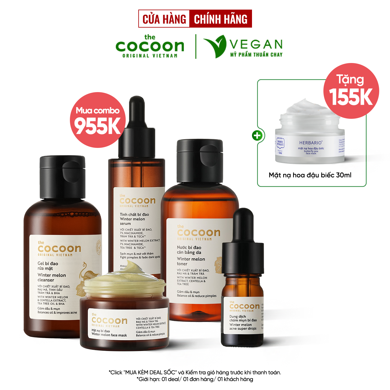 Bộ 5 chăm sóc da mụn chuyên sâu: Gel rửa mặt 140ml, Mặt nạ 30ml, Toner 140ml, Tinh chất 70ml, Chấm mụn 5ml bí đao cocoon