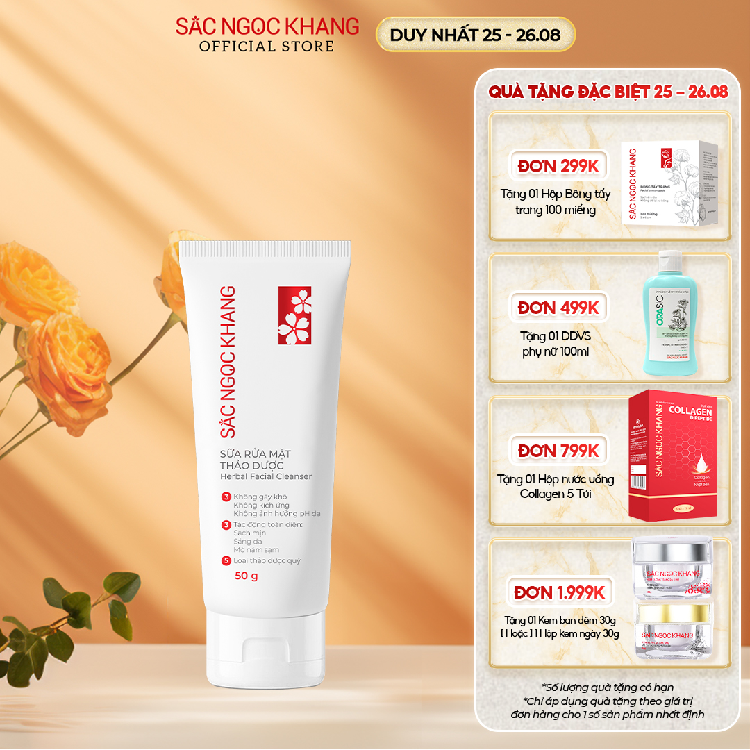 Sữa rửa mặt Sắc Ngọc Khang  tinh chất hoa anh đào và hạt vitamin E giúp làm sạch & nuôi dưỡng làn da sáng mịn, mờ nám sạm tàn nhang 50g