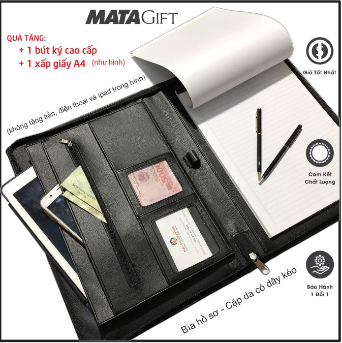 Cặp Đựng Tài Liệu Hồ Sơ Đa Năng A4 Nhiều Ngăn Có Dây Khóa Kéo (Tặng Bút ký cao cấp + Xấp giấy A4) CS.02 Matagift Bìa Túi Da Cao Cấp Màu Đen