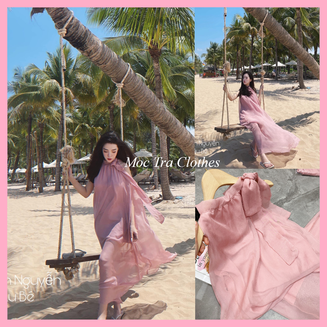 Đầm maxi yếm hồng baby nơ cổ vintage tiểu thư hàng 2 lớp siêu xinh, Váy kiểu nữ đi biển dáng dài đẹp rẻ phù hợp đi dạo đi chơi