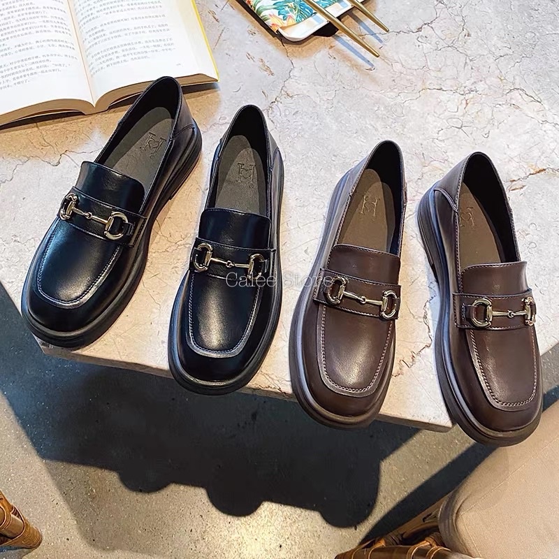 DA MỀM CÓ SẴN Giày Moccasin Moca Nữ mũi vuông đế 3cm da lì mềm màu đen và nâu dẫm gót fullbox freeship
