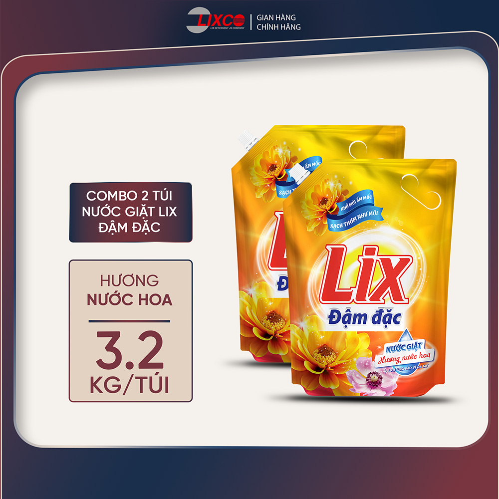 Combo 2 Túi nước giặt 3.2kg Lix hương nước hoa sạch thơm như mới khử mùi nấm mốc 2C-NGH47 nước giặt bảo vệ da tay - Lixco Việt Nam