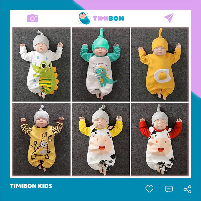 COD [ Tặng Kèm Mũ ] Quần Áo Trẻ Em Sơ Sinh Bộ Đồ Liền Thân Dài Tay Vải Cotton Bodysuit Hình Thú Cho Bé Trai Gái [BDD18] FD77