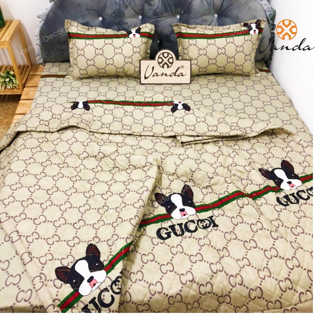 Bộ chăn hè ga gối, drap giường Cotton Poly VN họa tiết cún gc