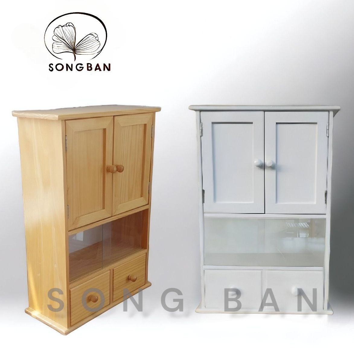 Tủ Y Tế, Tủ Thuốc Gỗ Nhiều Màu, Tủ Lưu Trữ Đồ Dùng 2 Cánh 2 Hộc Kính Lùa Treo Tường - Hàng VN Xuất Khẩu
