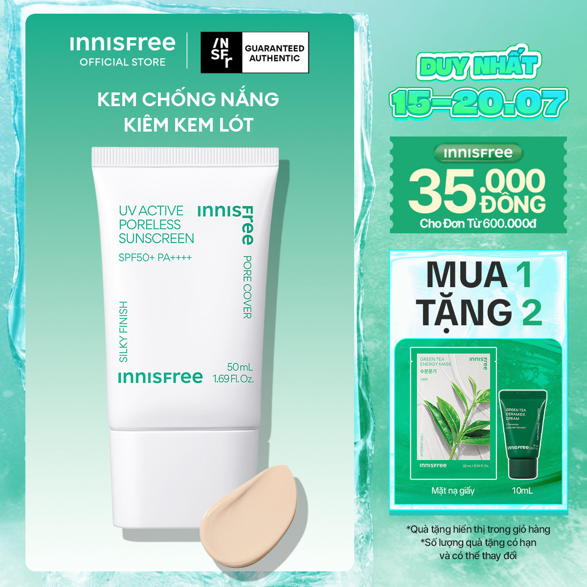 Kem chống nắng kiêm kem lót làm mịn lỗ chân lông INNISFREE UV Active Poreless Sunscreen SPF50+ PA++++ 50mL
