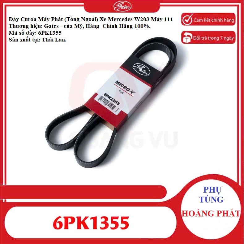 Dây Curoa Máy Phát (Tổng Ngoài) Cho Xe Mercedes W203 Máy 111, Mã 6PK1355, Thương hiệu Gates- của Mỹ, Hàng Nhập Khẩu Chính Hãng 100%