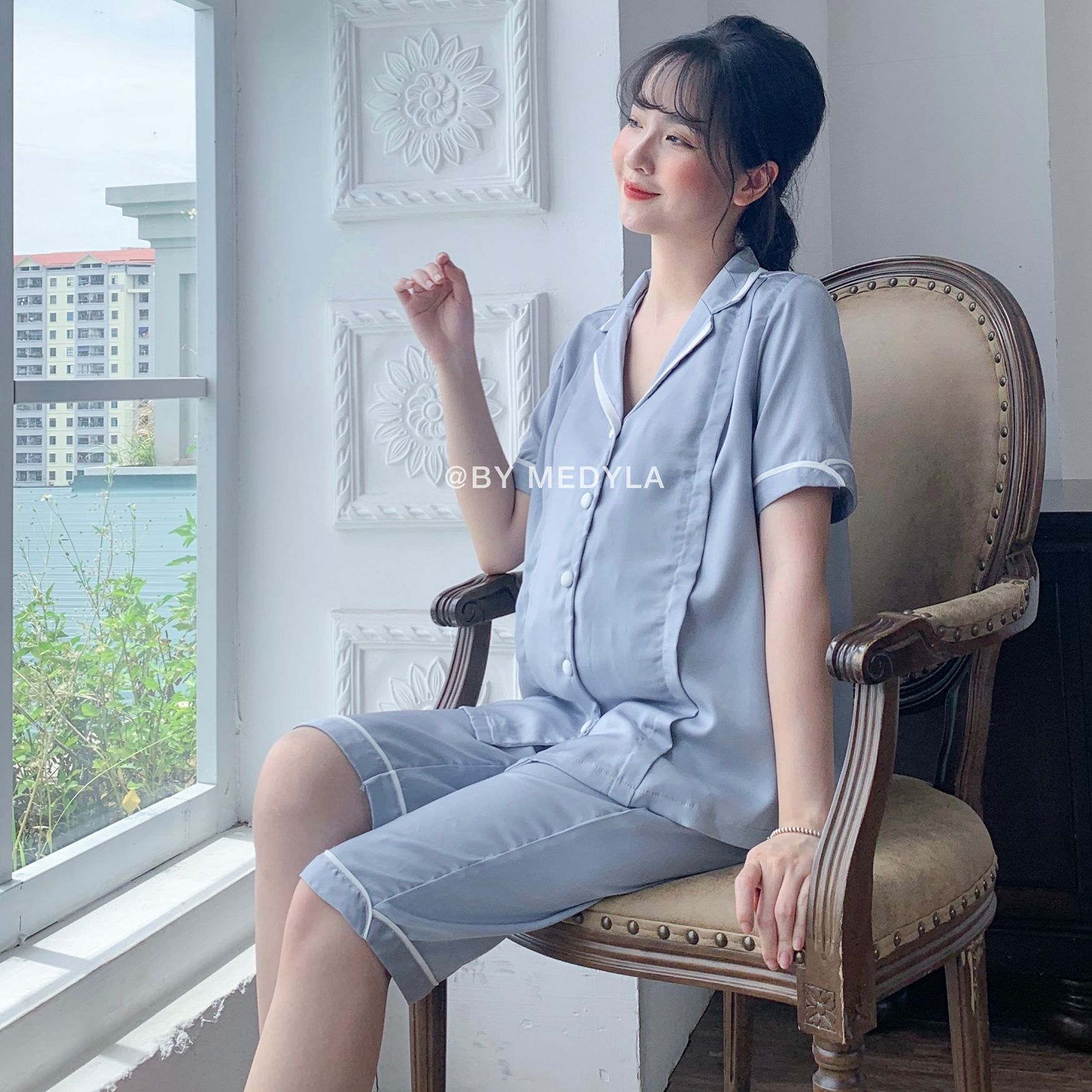 Bộ bầu mặc nhà mùa hè lụa Hàn chất mát có khóa sau sinh - Bộ ngủ bầu mặc được sau sinh Medyla - DB250