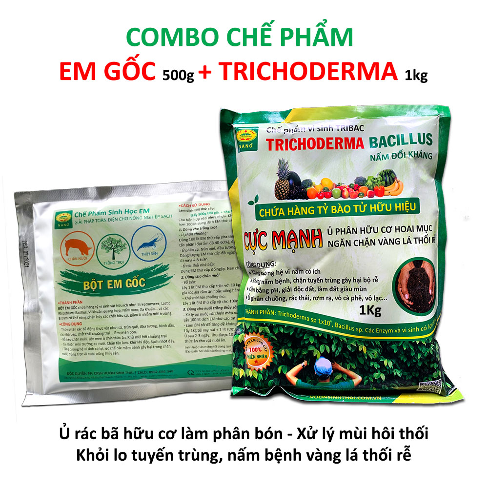 Combo Chế phẩm sinh học EM gốc 500g và Nấm đối kháng TRICHODERMA BACILLUS 1kg. Ủ phân cá, rác bã hữu cơ hoai mục không mùi hôi. Ngăn chăn nấm bệnh gây thối rễ vàng lá. HSD 2 năm