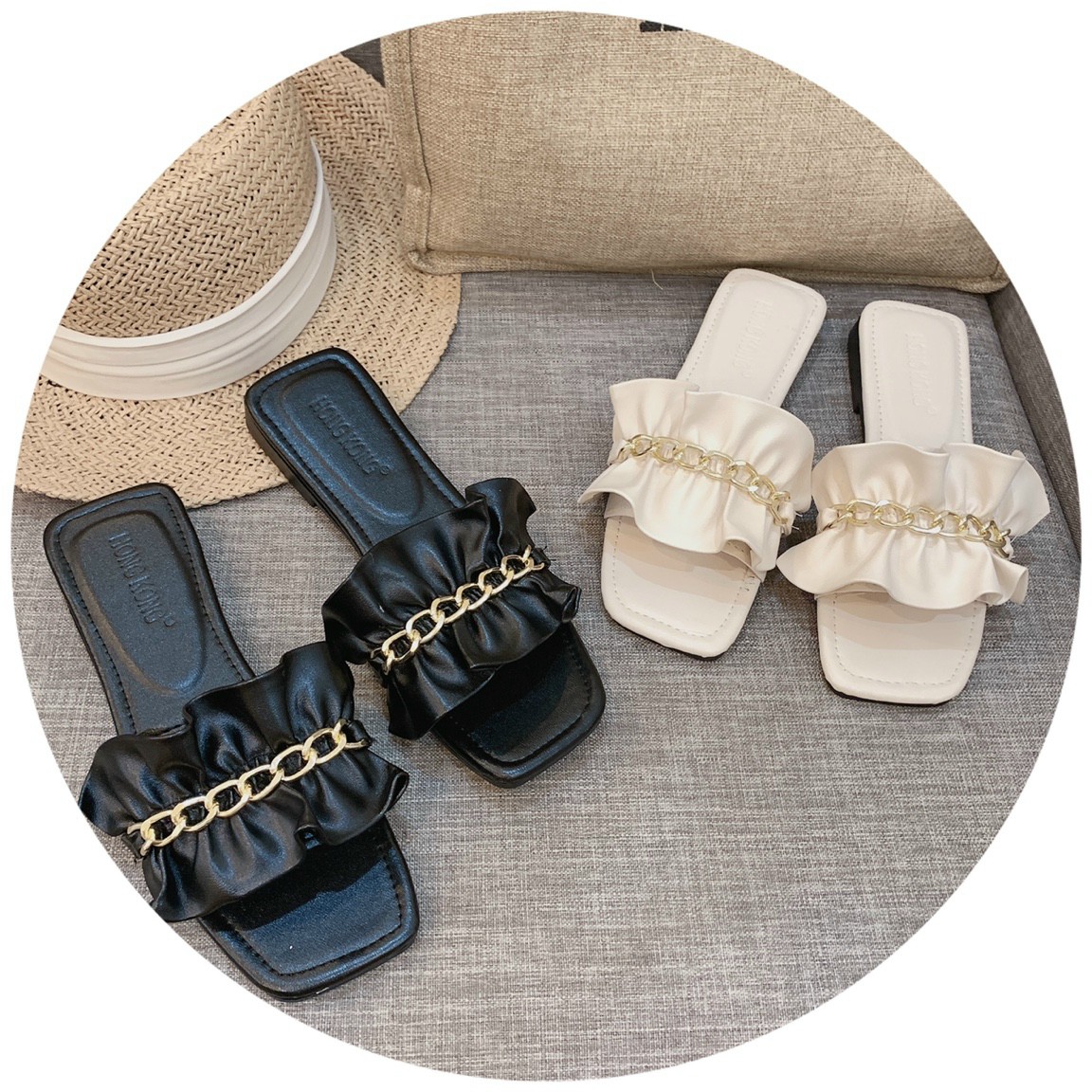 Dép Nữ Quai Bèo Ngang Đính Xích HQ4