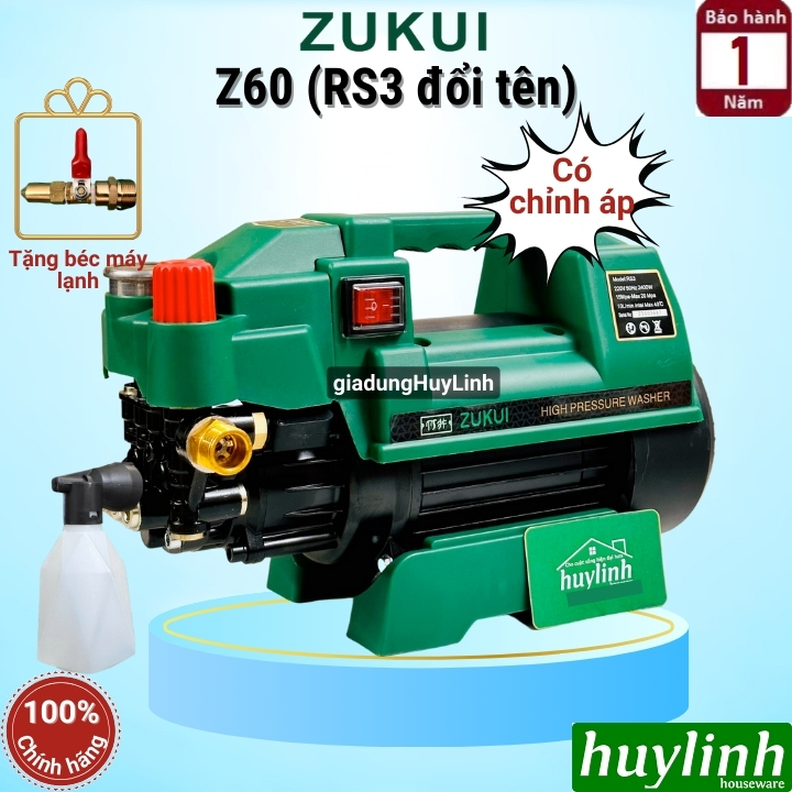 Máy xịt rửa xe Chỉnh Áp Zukui Z60 (RS3 đổi tên) - Công suất 2400W - Tặng béc rửa máy lạnh, điều hòa + thân nối súng