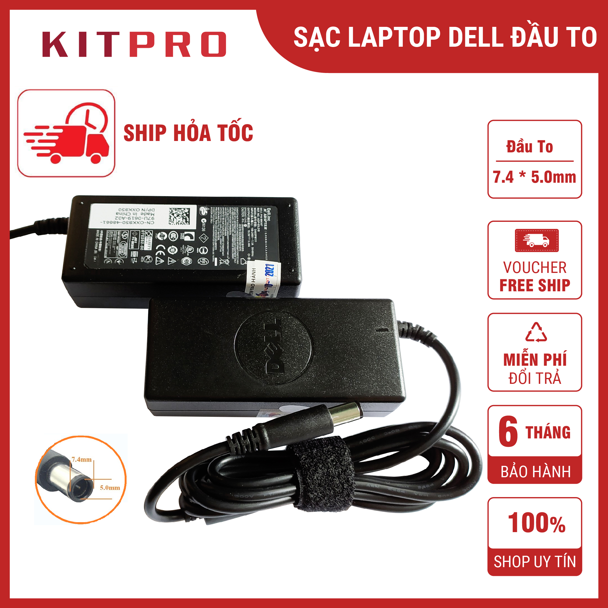 Sạc Laptop Dell Đầu To Chân Kim 19.5V 3.34A 4.62A 7.4 x 5.0mm Dây Sạc Máy Tính Dell 65W 90W Inspiron Latitude Ship Hỏa Tốc