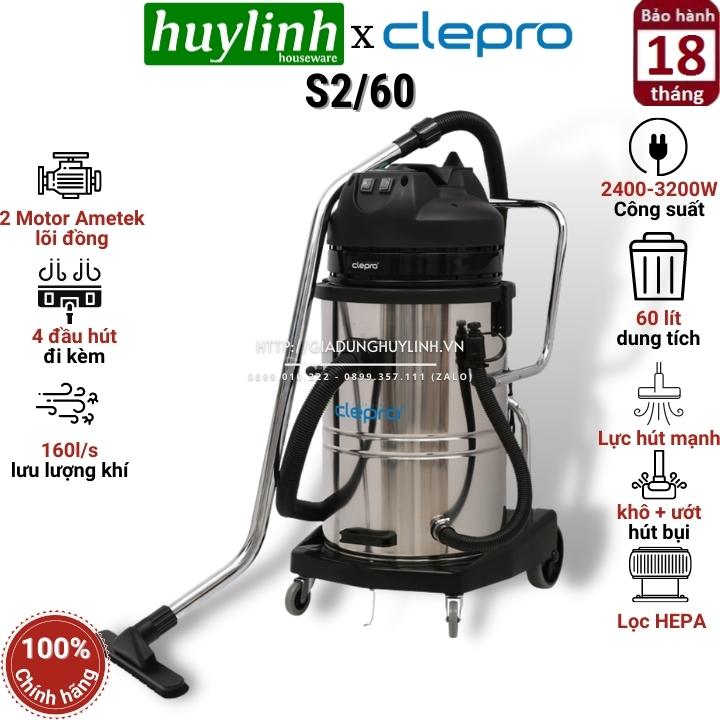 Máy hút bụi công nghiệp clepro s2/60 - 60 lít - 2 motor - lọc hepa - công suất 2400-3200w