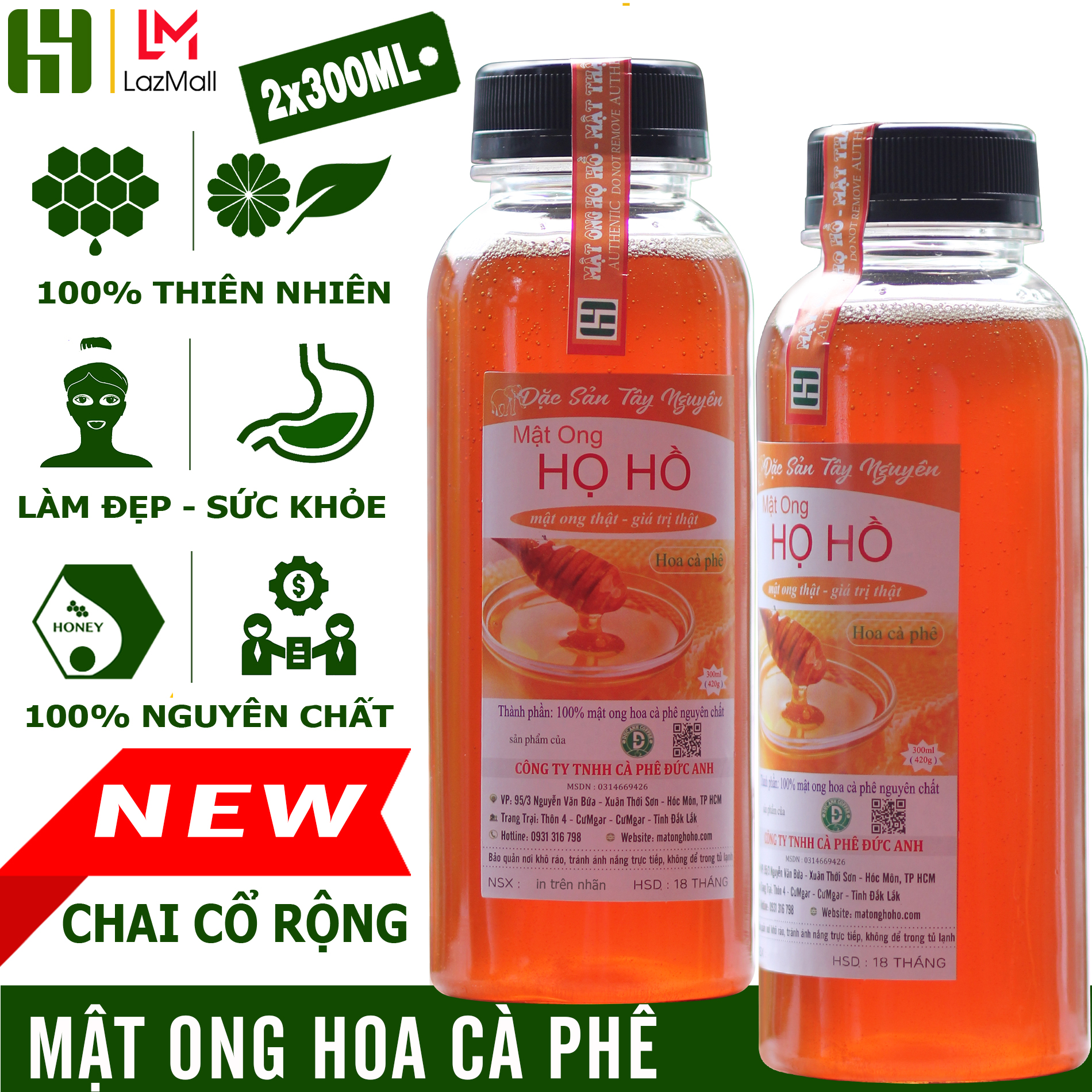 Combo 2 Mật Ong Hoa Cà Phê Nguyên Chất Họ Hồ (2x300ml) - Hỗ trợ tiêu hóa, tăng cường sức đề kháng, làm đẹp - mật ông Họ Hồ - mật thật giá trị thật