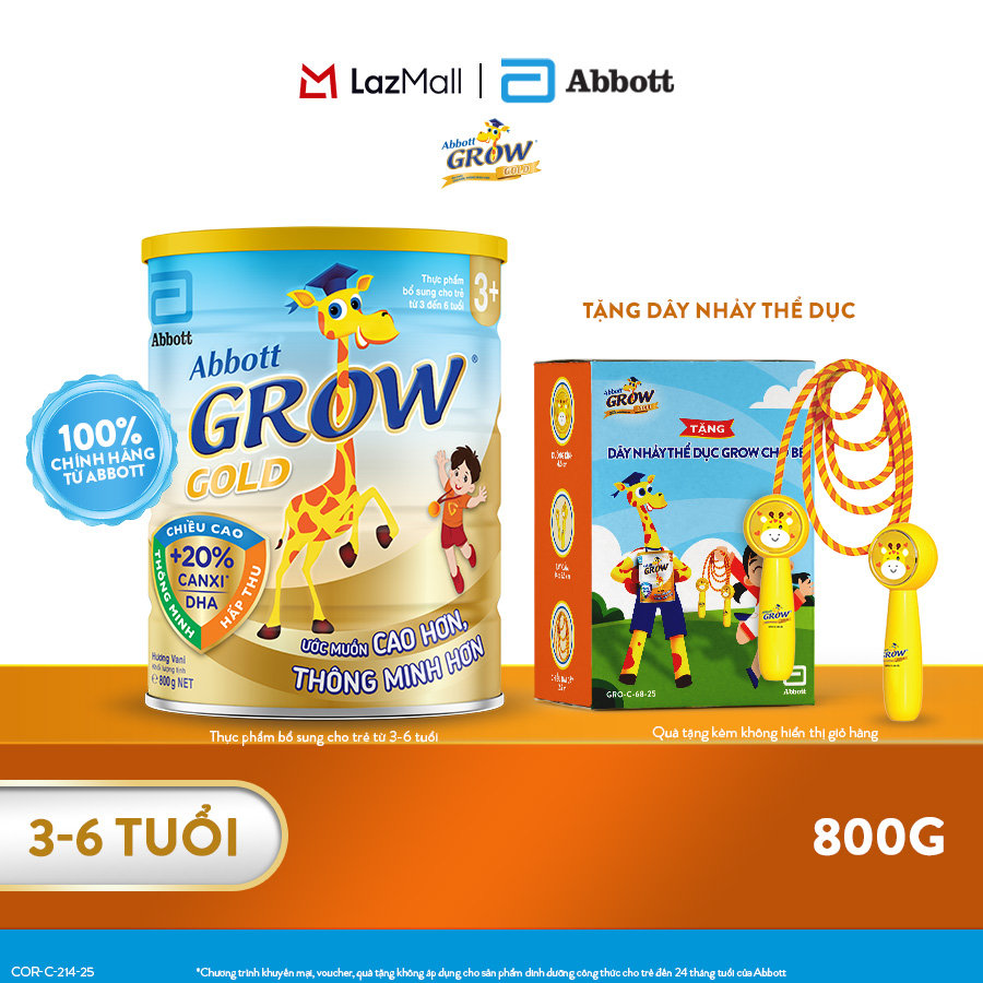 [CHỈ 13-17.04 QUÀ TẶNG CHO ĐH 899K-SLCH] Lon sữa bột Abbott Grow 3+ 800g tặng 1 Dây nhảy thể dục Grow