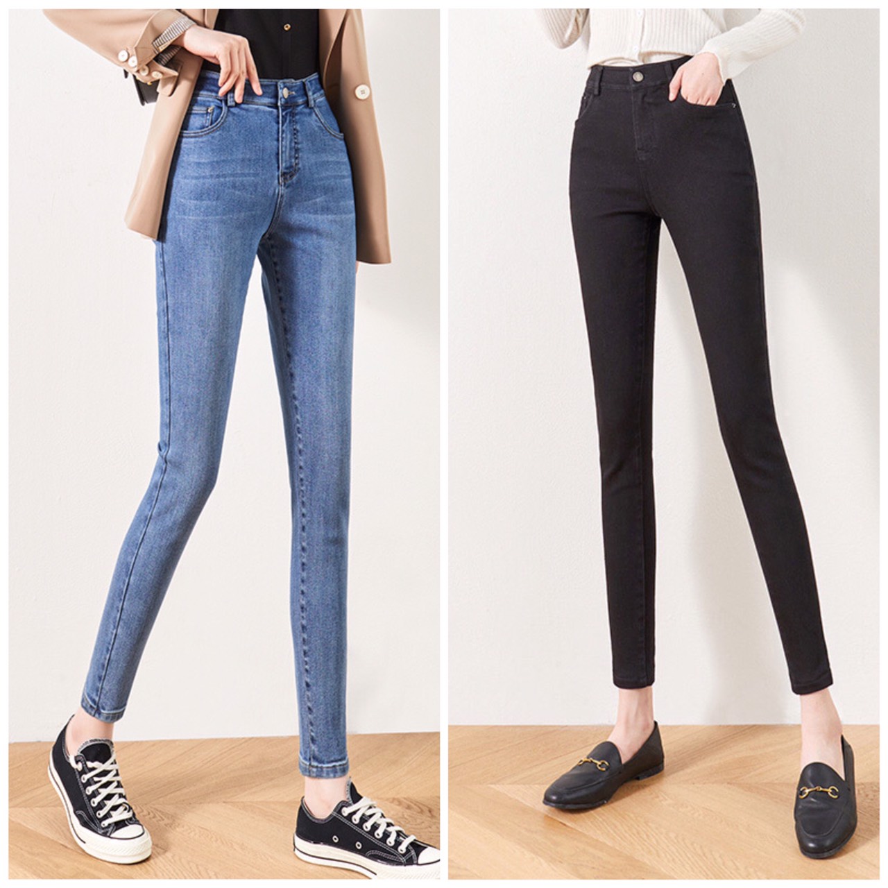 Quần jean nữ lưng cao co giãn, quần bò cạp cao skinny jeans ôm trơn dài