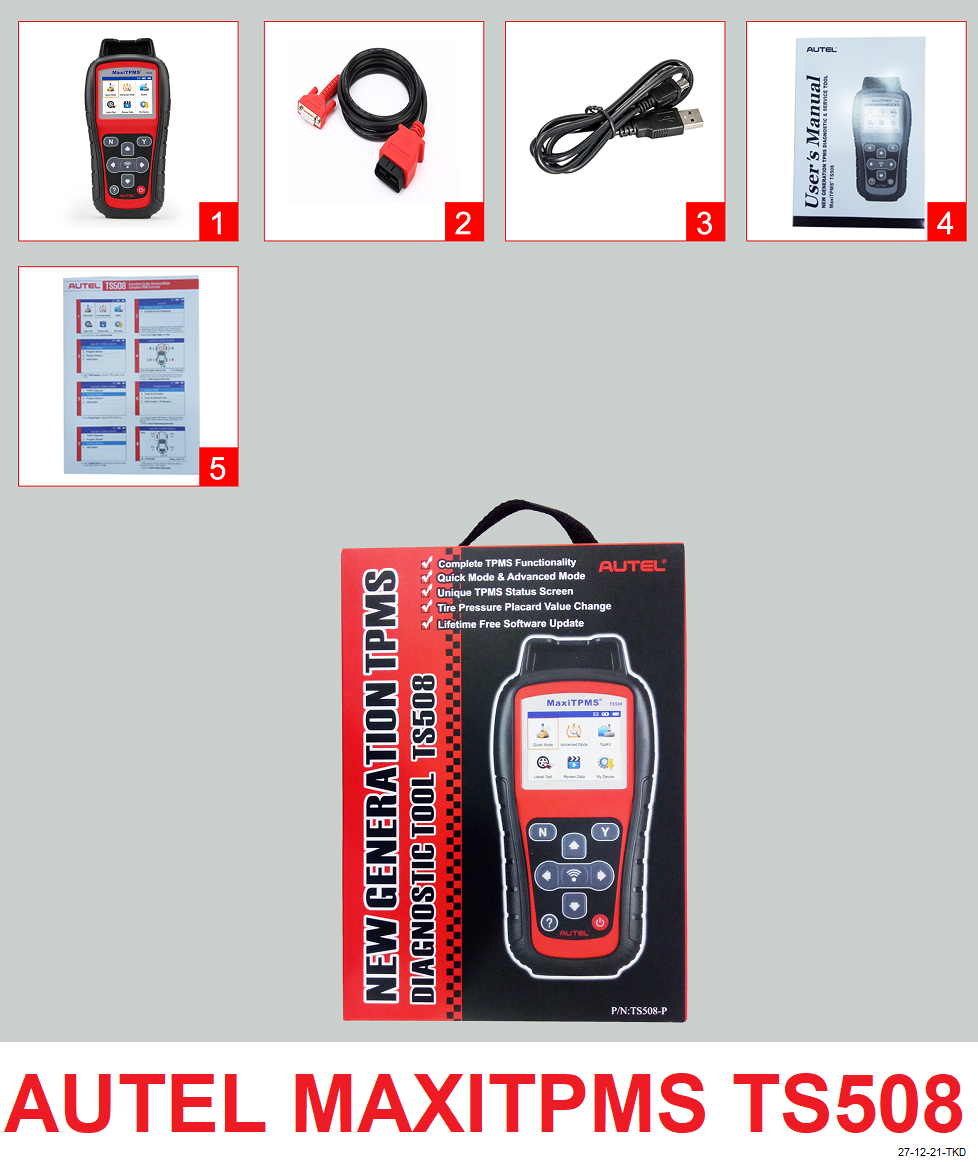 Thiết Bị Kiểm Tra, Kích Hoạt van cảm biến áp suất lốp xe ô tô .Tích hợp chức năng tạo mã ID cho cảm biến. Hỗ trợ nạp mã ID Cảm Biến vào hộp điều khiển TPMS của xe qua Cổng OBDII - Autel MaxiTPMS TS508