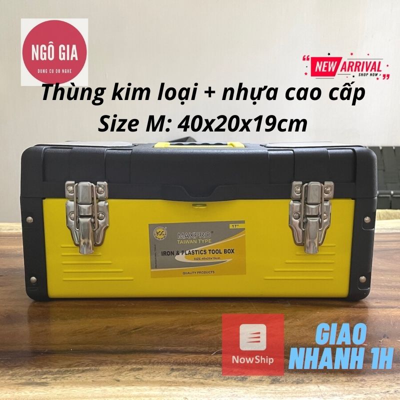 Thùng sắt đựng đồ nghề Đài Loan khóa kim loại cỡ Trung 40x20x19cm, thùng nhựa dày kết hợp kim loại bền chắc, thông minh