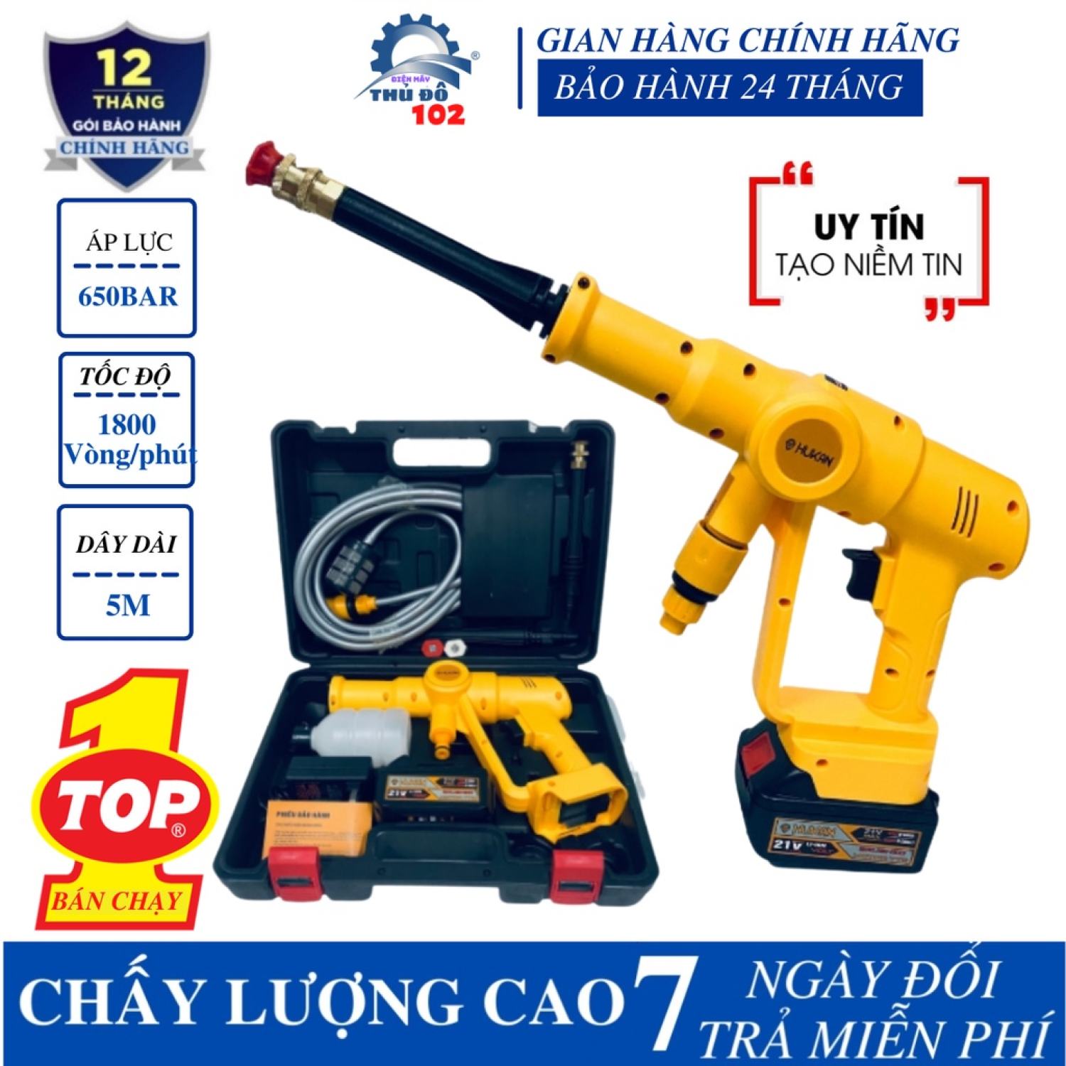 Máy rửa xe Hukan không chổi than Pin 10 cell - Rửa xe Pin Hukan chính hãng tặng kèm bình bọt tuyết