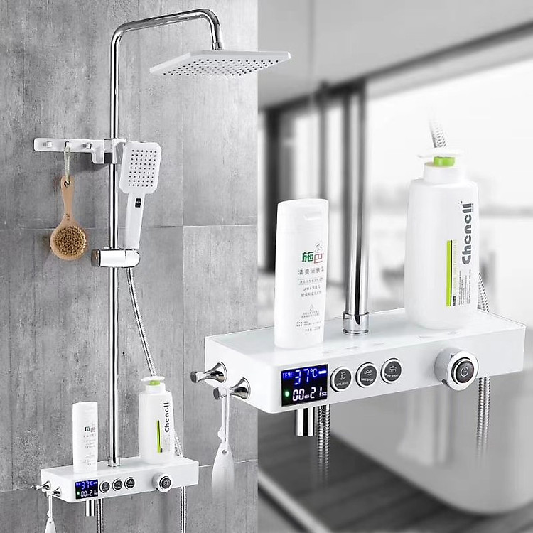 Bộ sen cây tắm đứng nóng lạnh, bộ sen vòi tắm đứng bàn mặt kính set ổn định nhiệt - sen cây gốm