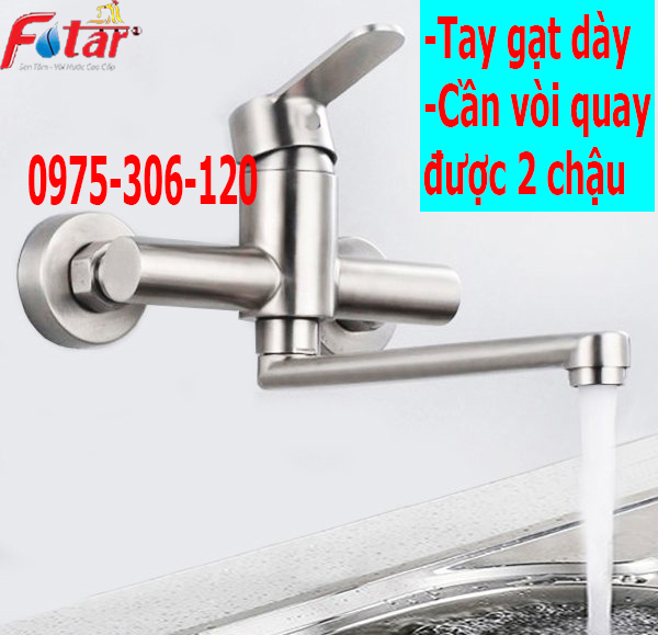 [HCM]Vòi Rửa Chén Bát Nóng Lạnh Inox 304 âm tường quay 360 độ dùng cho 2 hộc chậu N4017
