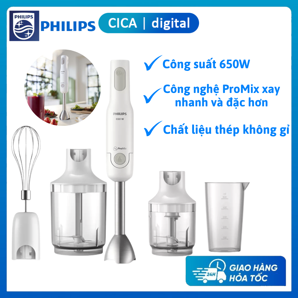  Máy Xay Cầm Tay Philips Promix HR2537 00 – Công Suất 650W Lưỡi Dao Inox Xay Sinh Tố Cháo Thịt Đa Năng 