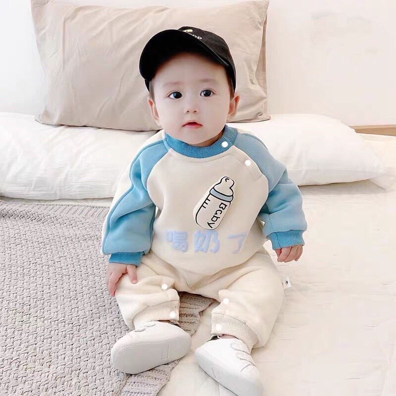 (Shubimkids) Bộ Đồ Liền Thân - Body Nỉ Gân Bình Sữa Dài Tay Thể Thao Cho Bé