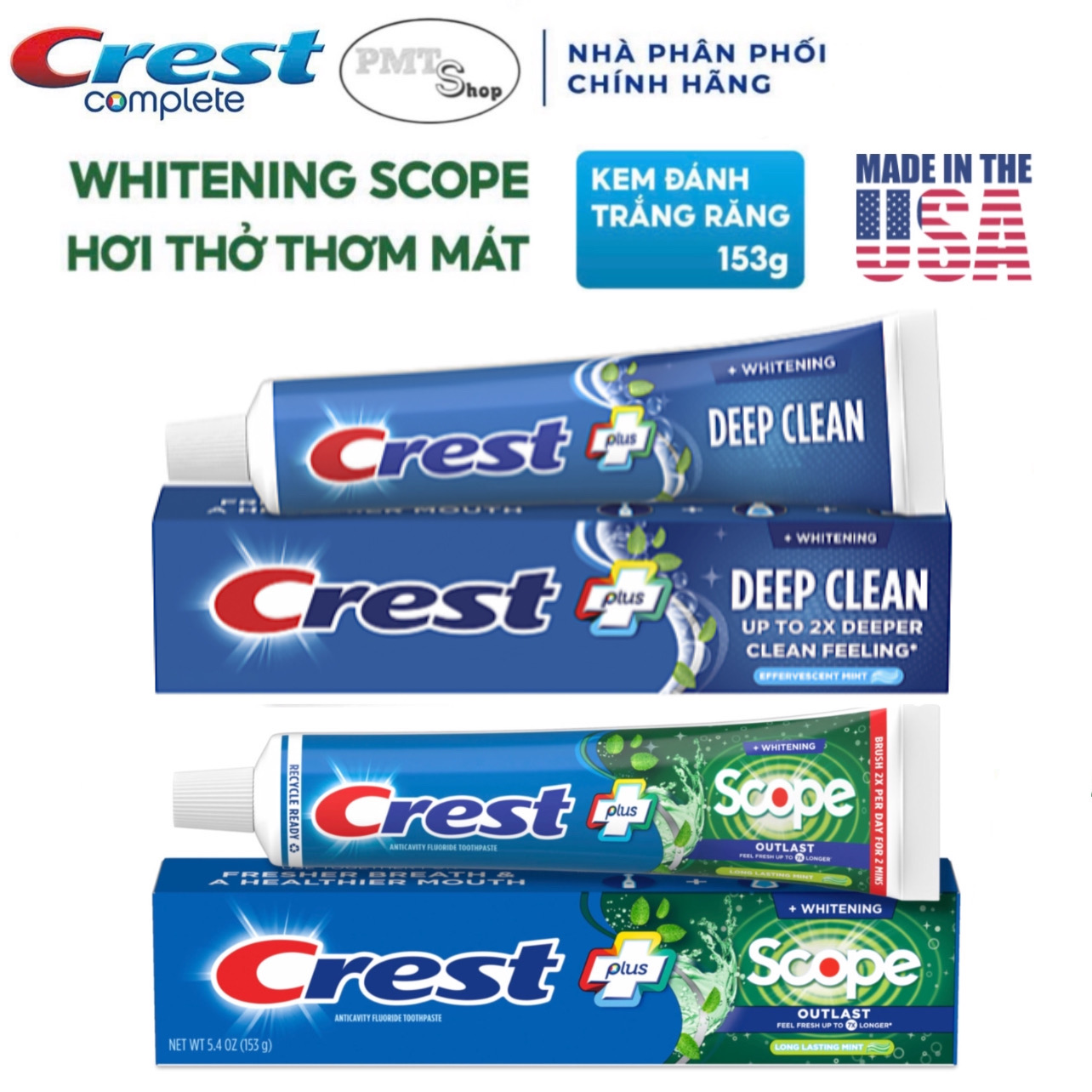 (NK Mỹ) Kem đánh răng Crest Plus Complete Deep Clean Scope Outlast Whitening 153g Made in USA