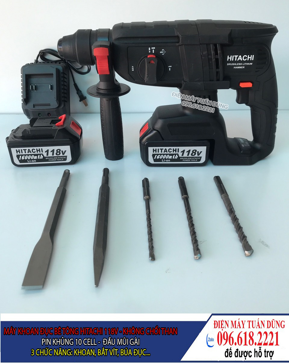 Máy khoan đục bê tông dùng pin KHÔNG CHỔI THAN Hitachi 118V - PIN KHỦNG 10CELL - KÈM 5 MŨI KHOAN VÀ ĐỤC