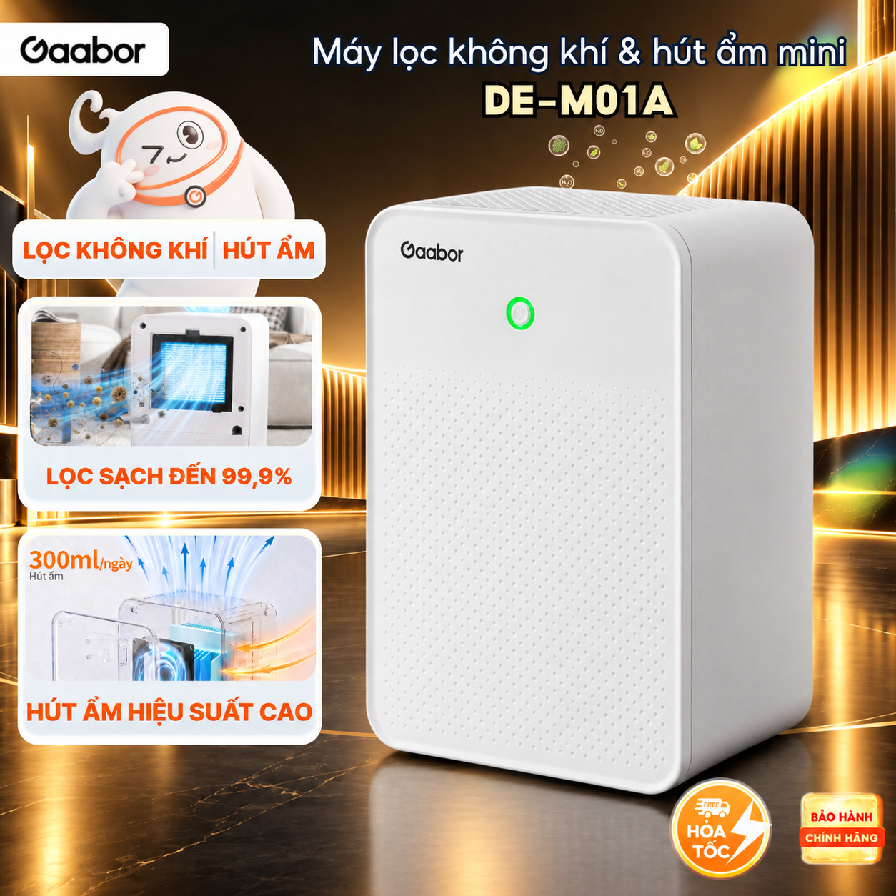 Máy lọc không khí kiêm máy hút ẩm mini Gaabor DE-M01A cho ngày nồm ẩm nhỏ gọn size A4 diện tích 25m2 - Bảo hành 12 tháng