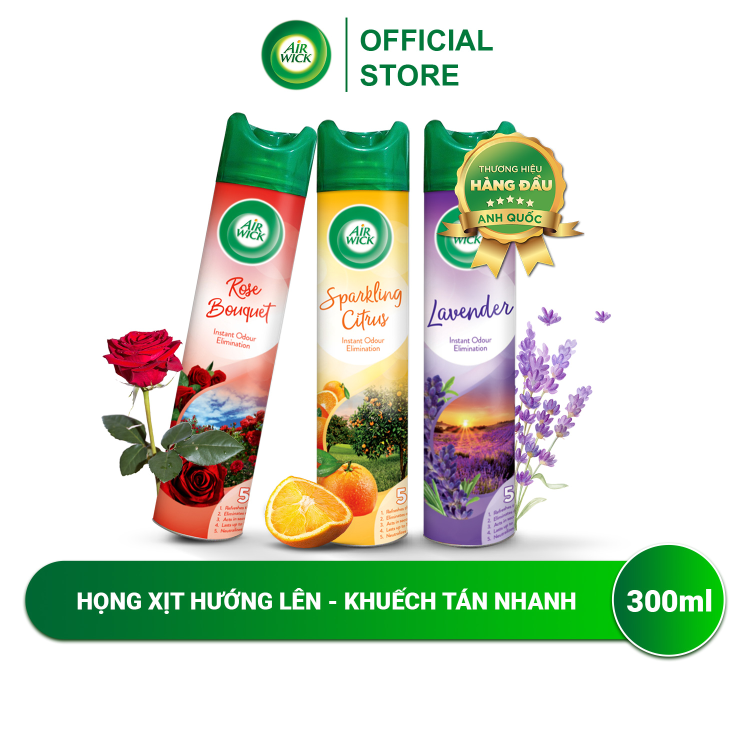 Xịt thơm phòng Air Wick, hương tự nhiên thơm mát, họng xịt hướng lên giúp khuếch tán nhanh, 300ml