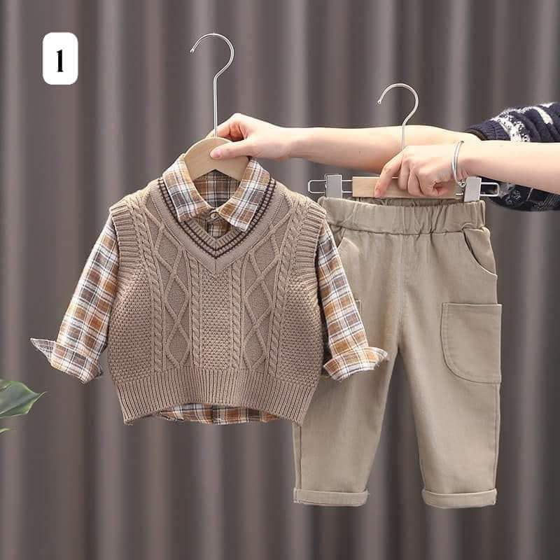 Set bộ quần áo cho bé trai sơ mi dài tay gile len quần thô 01