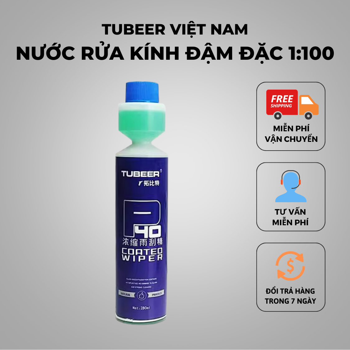 Nước rửa kính ô tô tubeer, nước rửa kính đậm đặc 1:100, tạo bóng và sạch vết bẩn 280ml