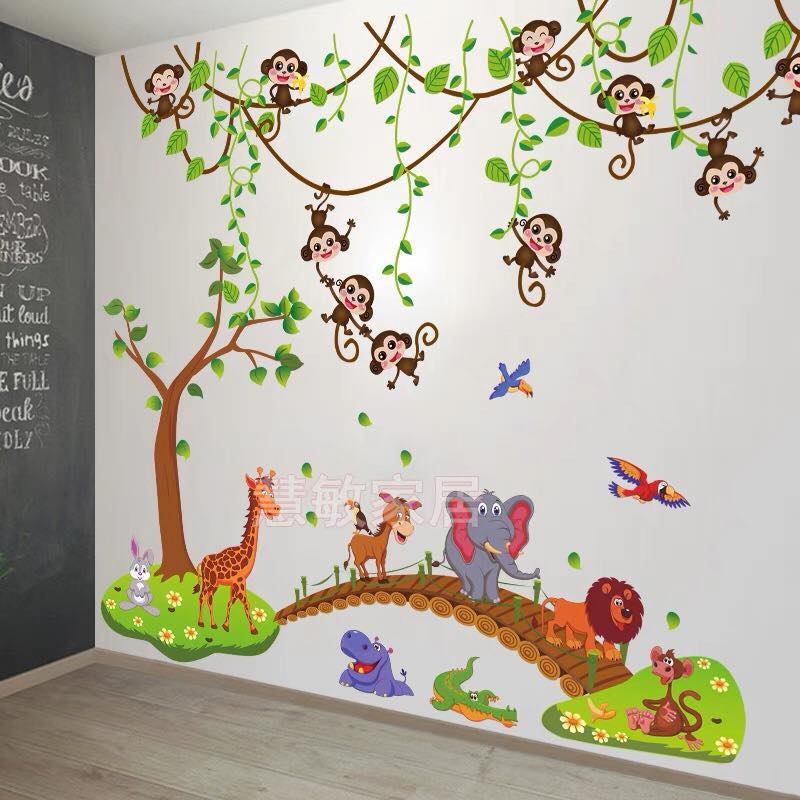 Decal dán tường thú qua cầu và giàn khỉ