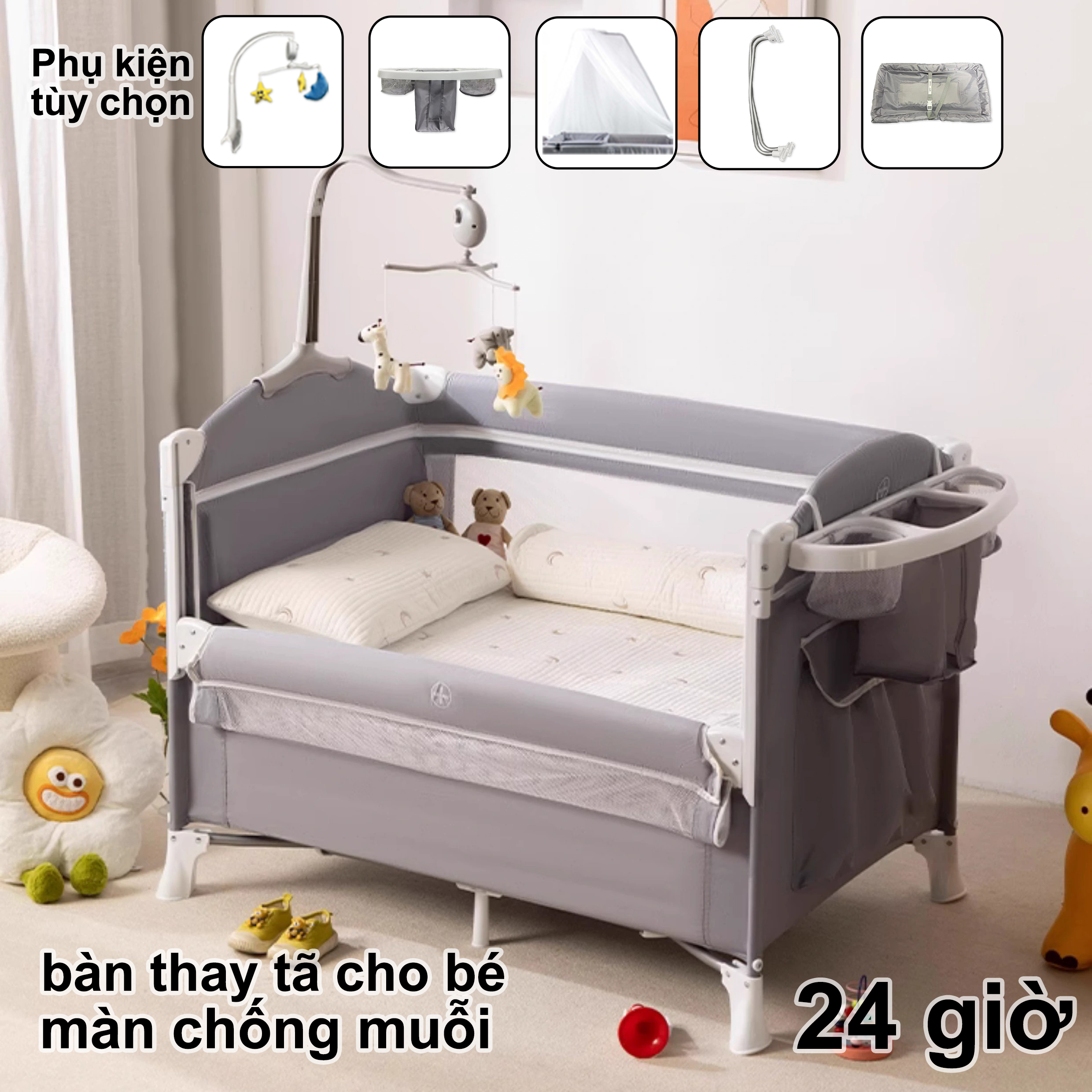 Nôi cũi vải gấp gọn đa năng cho bé Ghép Giường Bố Mẹ Có Bánh Xe Tiện Lợi Tặng Kèm Màn Chống Muỗi nôi bé sơ sinh