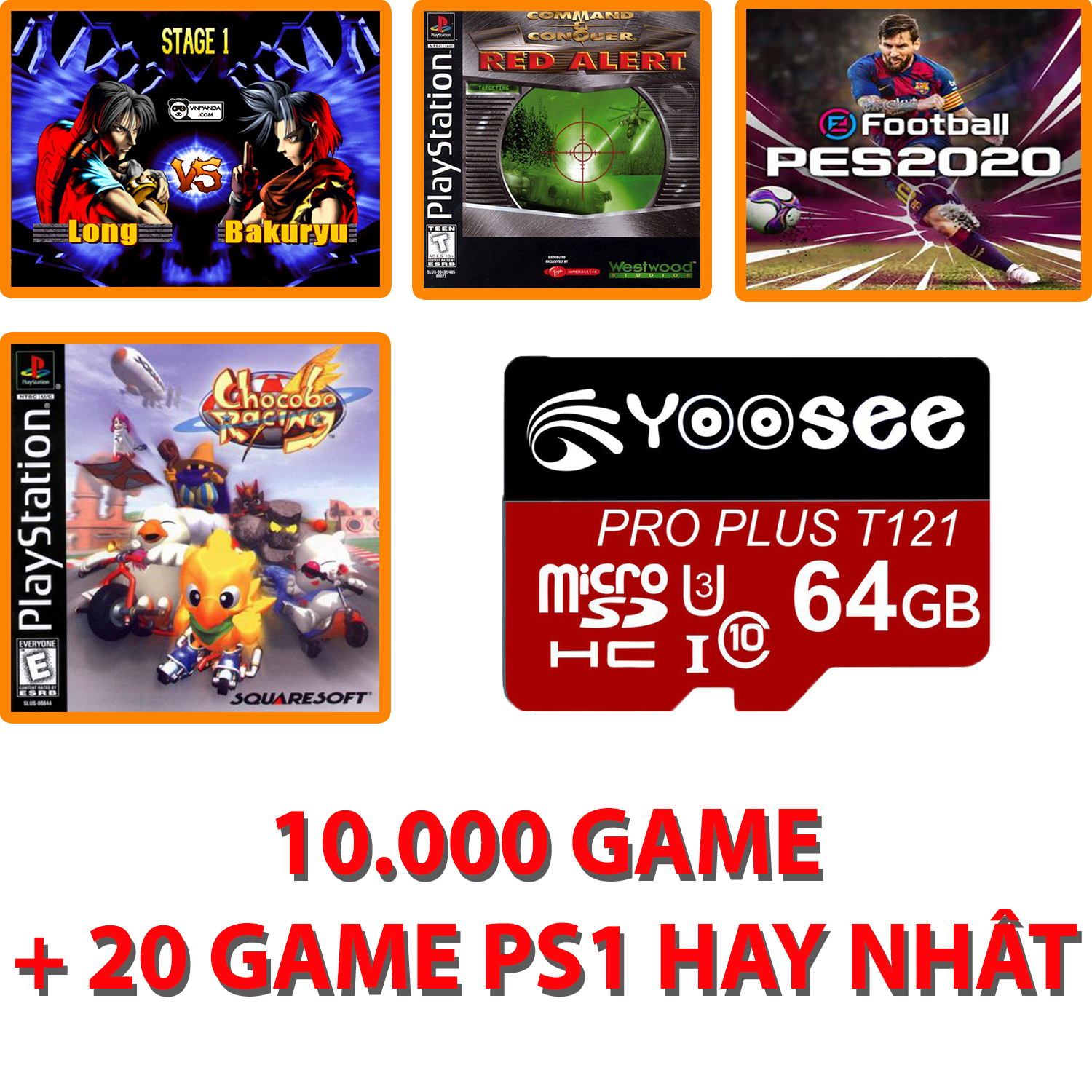 Thẻ nhớ dành cho máy chơi Game Stick 4K - 10.000 game + 20 game PS1 hay nhất! đấu trường thú, đua xe gà, PES 2022