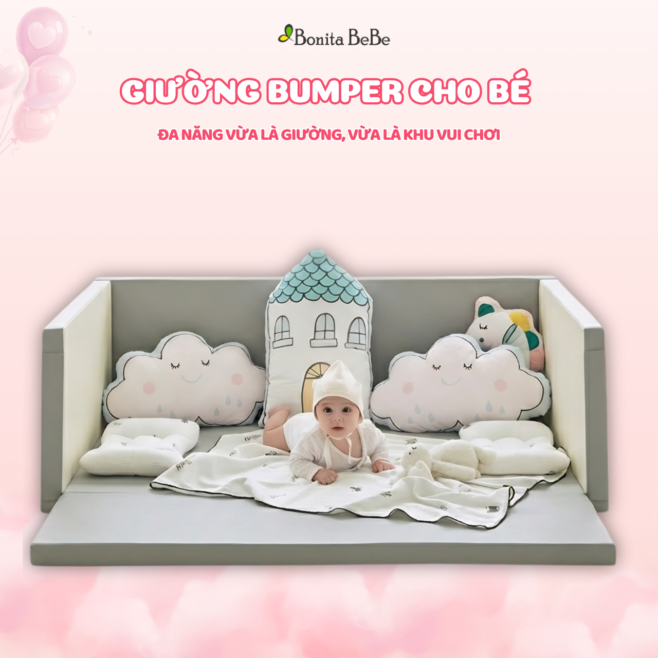 Giường Ngủ Cho Bé BonitaBeBe Bumper Bed Simple 130x100xh45cm Đa Năng - Nhập Khẩu Chính Hãng HQ