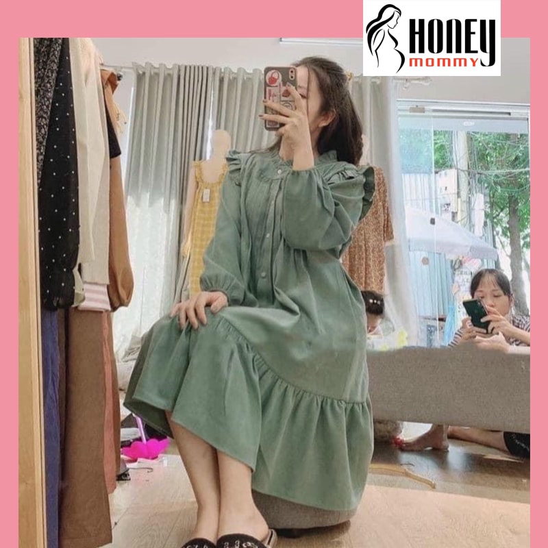Đầm bầu váy bầu thu đông chất nhung tăm dày ấm cổ tàu xinh xắn lịch sự hd4659 honey mommy