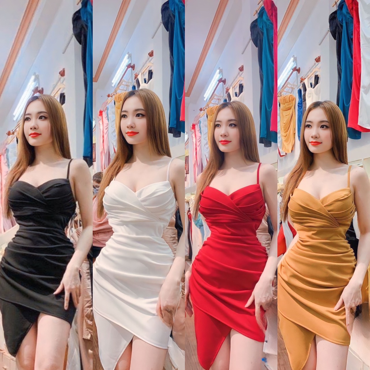 Đầm váy body 2 dây có mút ngực xếp ly chân váy đủ màu dự tiệc dạo phố nt7185