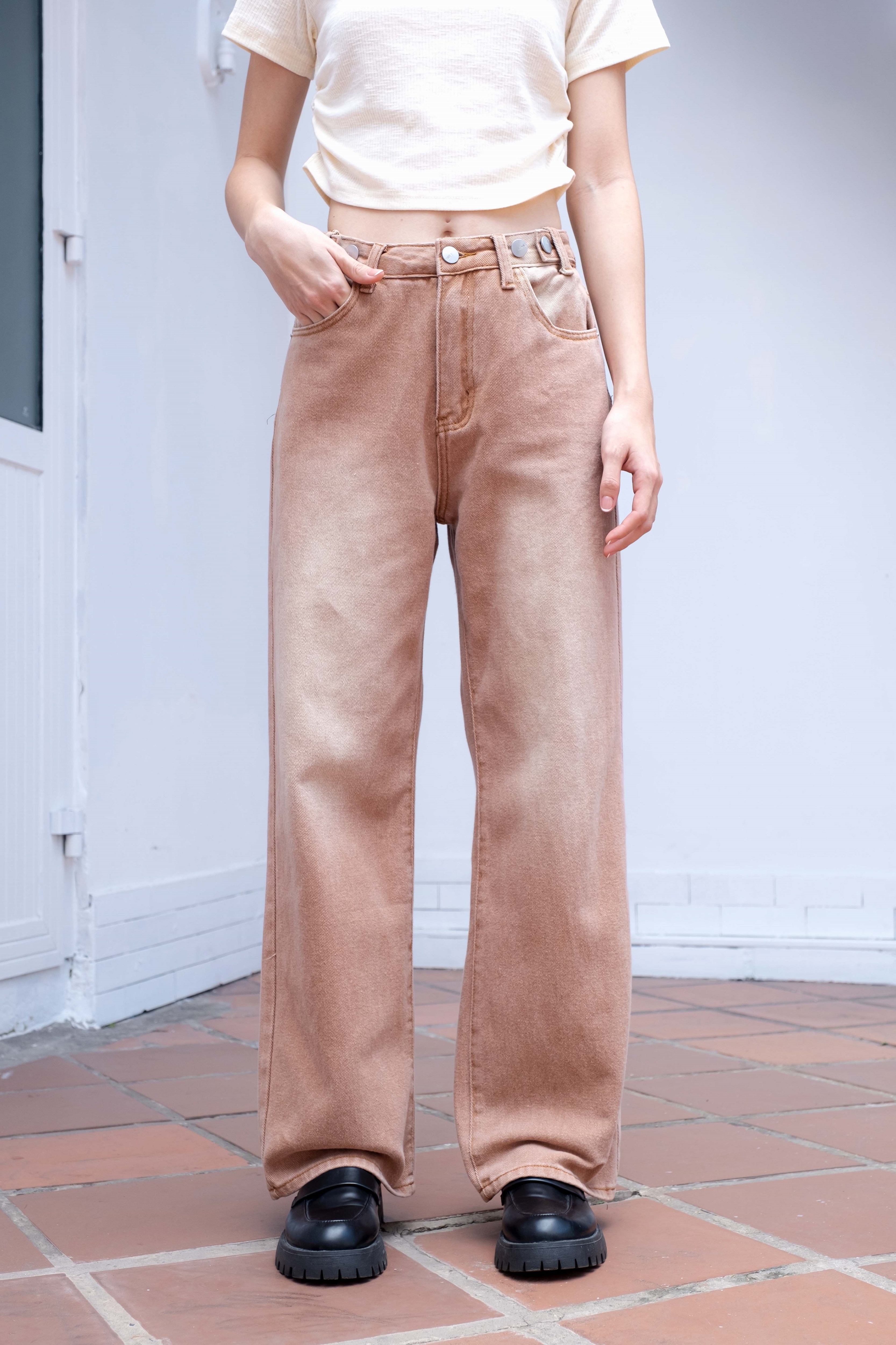 Quần jeans culottes màu nâu loang 5 nút lenclothing 9444
