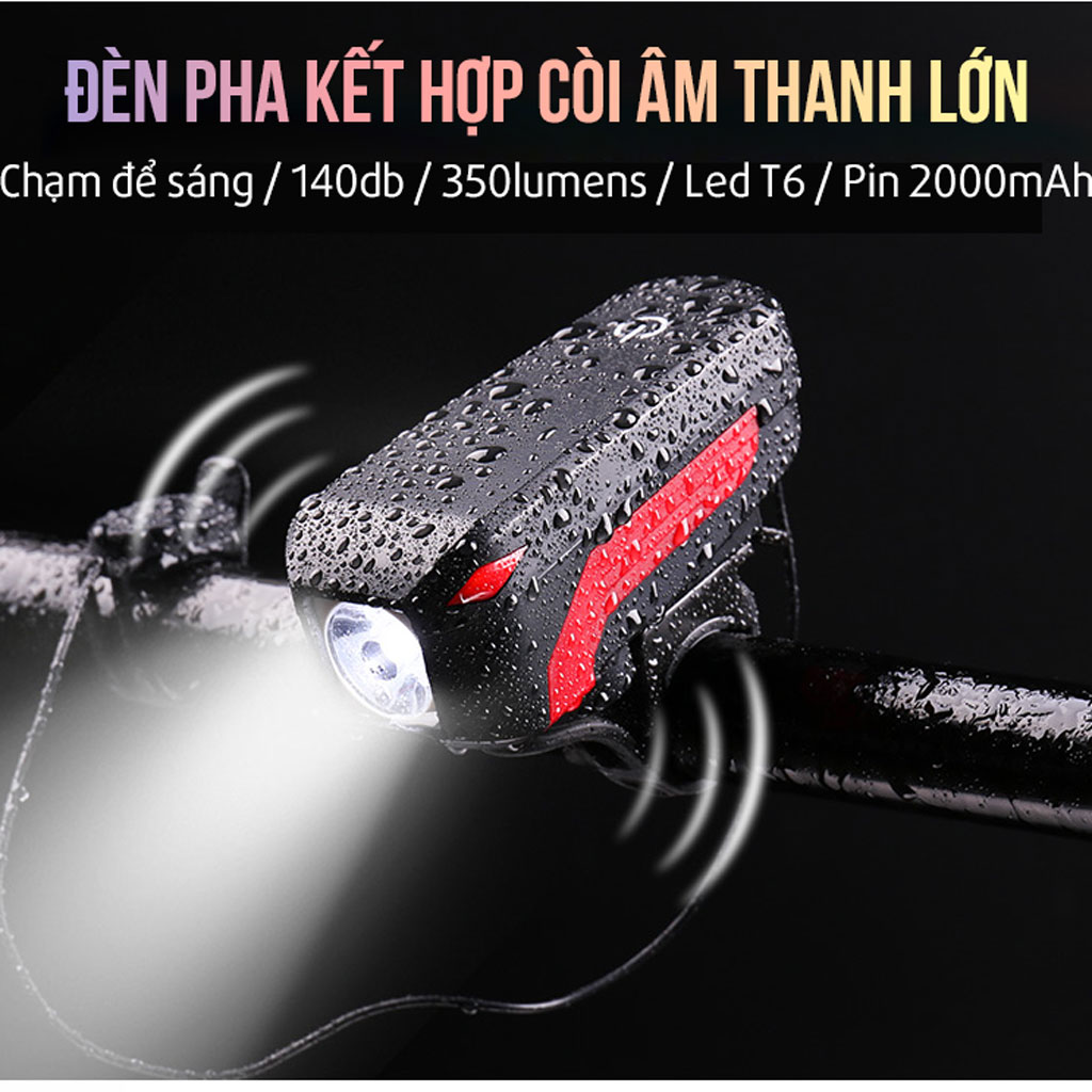 Đèn xe đạp có còi t6 350lumens ml-7599 với nút chạm cảm ứng pin 2000mah còi âm thanh lớn 140db mlh