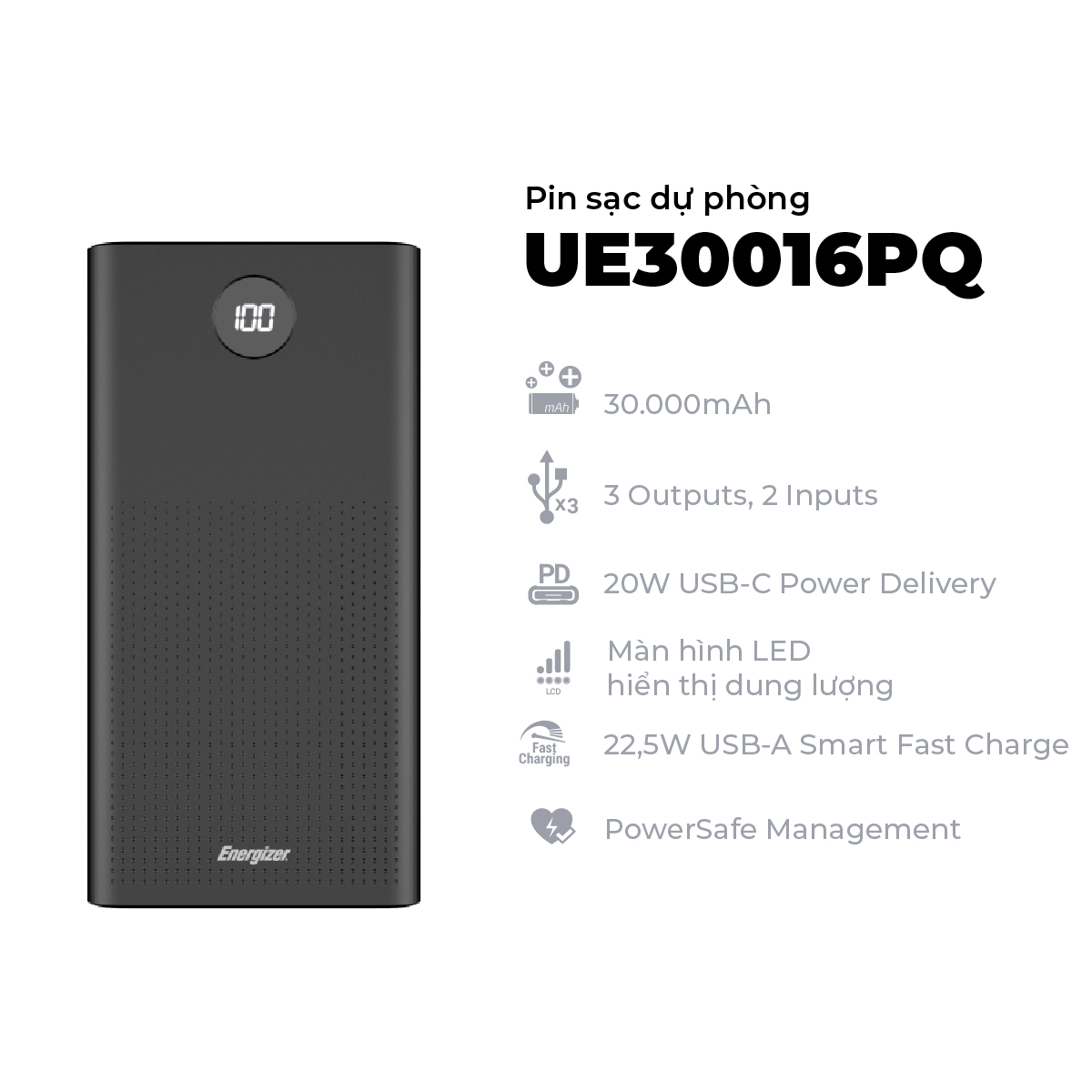 Sạc dự phòng Energizer UE30016PQ 30,000mAh 2 USB-A, 1 USB-C  -  tích hợp Power Delivery - Dâu Đen Store