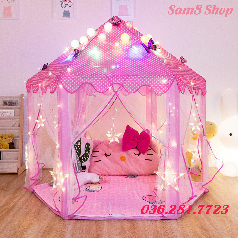 Lều Công Chúa Hoàng Tử, Lâu Đài Công Chúa Hình Lục Giác Kèm Đèn Trang Trí Hình Bông Tuyết Cho Bé