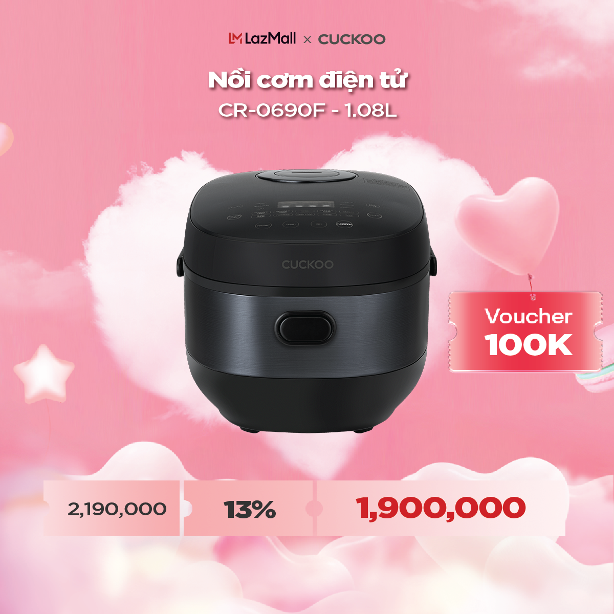 Nồi cơm điện tử Cuckoo 1.08L CR-0690F nhiều chế độ nấu, lòng nồi chống dính, thiết kế sang trọng - Bảo hành 2 năm - Hàng chính hãng Cuckoo Vina